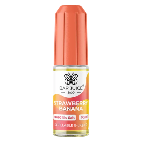 The image shows a product packaging for Bar Juice 5000 e-liquid in Strawberry Banana flavor. The packaging is predominantly orange and white with text and graphics describing the product as a refillable vape juice with 5000mg nicotine content, 10ml volume, and strawberry and banana flavors.