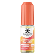 The image shows a product packaging for Bar Juice 5000 e-liquid in Strawberry Banana flavor. The packaging is predominantly orange and white with text and graphics describing the product as a refillable vape juice with 5000mg nicotine content, 10ml volume, and strawberry and banana flavors.