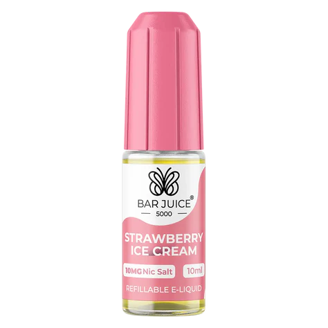 Bar Juice 5000 e-liquid in a pink dispenser bottle with a white label, indicating strawberry flavor and product details.