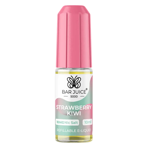 Bar Juice 5000 Strawberry Kiwi e-liquid in a pink bottle with a white label, featuring a nicotine warning and flavor information. The packaging indicates the product contains 20mg nicotine salt e-liquid and is made in the UK.