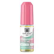 Bar Juice 5000 Strawberry Kiwi e-liquid in a pink bottle with a white label, featuring a nicotine warning and flavor information. The packaging indicates the product contains 20mg nicotine salt e-liquid and is made in the UK.