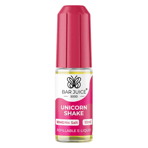 A product image showing the packaging and a bottle of Bar Juice 5000 Unicorn Shake Nic Salt Vape juice. The packaging is predominantly pink and white with text and branding, and the bottle is pink with a white label.