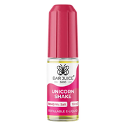 A product image showing the packaging and a bottle of Bar Juice 5000 Unicorn Shake Nic Salt Vape juice. The packaging is predominantly pink and white with text and branding, and the bottle is pink with a white label.