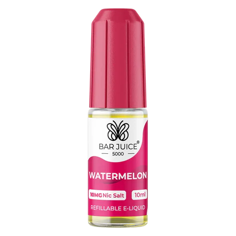 Bar Juice 5000 e-liquid bottle in Watermelon flavor, with a pink and white label, indicating 10ml capacity, 50/50 VG/PG nicotine strength, and product information.