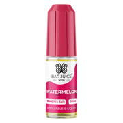 Bar Juice 5000 e-liquid bottle in Watermelon flavor, with a pink and white label, indicating 10ml capacity, 50/50 VG/PG nicotine strength, and product information.