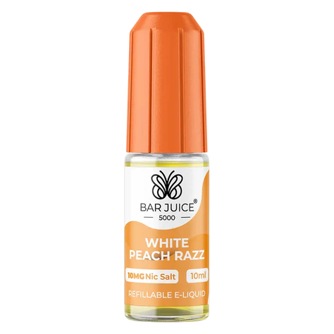 The image shows a product packaging for Bar Juice 5000 White Peach Razz Vape juice. The packaging is primarily orange and white with text and branding, including a schematic of a vaping device.