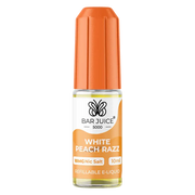 The image shows a product packaging for Bar Juice 5000 White Peach Razz Vape juice. The packaging is primarily orange and white with text and branding, including a schematic of a vaping device.