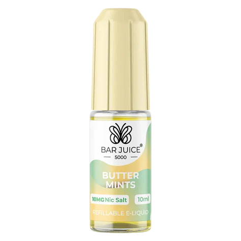 A product image showing a box and a bottle of Bar Juice 5000 Butter Mints Nic Salt Vape juice. The box is yellow with text and branding, and the bottle is clear with liquid visible inside.