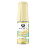 A product image showing a box and a bottle of Bar Juice 5000 Butter Mints Nic Salt Vape juice. The box is yellow with text and branding, and the bottle is clear with liquid visible inside.