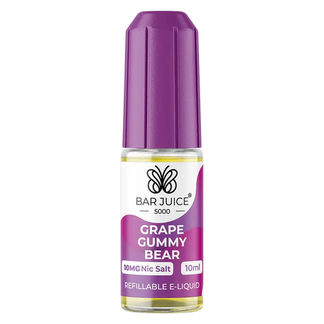 The image shows a product packaging for Bar Juice 5000 Grape Gummy Bear Nic Salt Vape juice. The packaging is predominantly purple with images of a grape and a bear, indicating the flavor and product type.