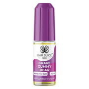 The image shows a product packaging for Bar Juice 5000 Grape Gummy Bear Nic Salt Vape juice. The packaging is predominantly purple with images of a grape and a bear, indicating the flavor and product type.