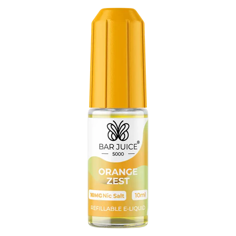 Bar Juice 5000 Orange Zest e-liquid in a yellow bottle with a nicotine strength of 20mg/10mg, next to its packaging box which is predominantly yellow and has images of oranges and a vaping device.