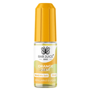 Bar Juice 5000 Orange Zest e-liquid in a yellow bottle with a nicotine strength of 20mg/10mg, next to its packaging box which is predominantly yellow and has images of oranges and a vaping device.