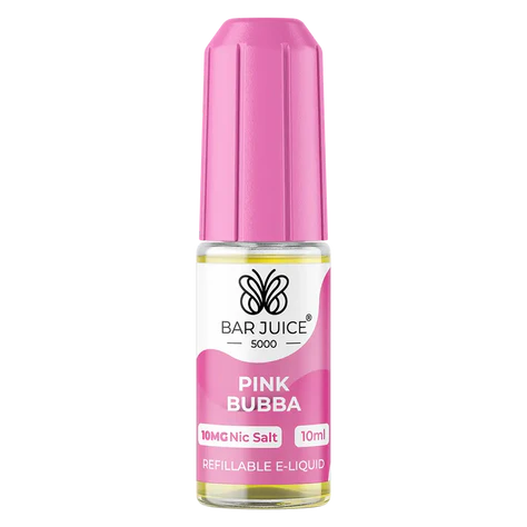 The image shows a product packaging for Bar Juice 5000 Pink Bubba Nic Salt Vape juice. The packaging is predominantly pink with branding and product information.