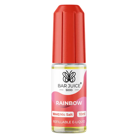 The image shows a product packaging for Bar Juice 5000 e-liquid in a red bottle with a white and pink label, indicating a strawberry kiwi flavor. The packaging is designed for a vape juice with a nicotine content of 20mg/ml and includes a schematic representation of a cigarette with nicotine.
