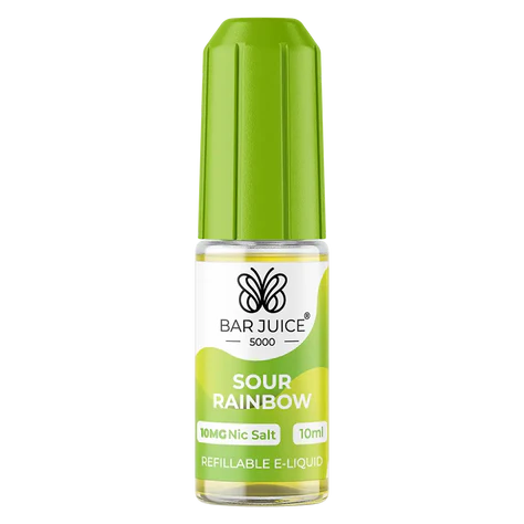 A product image showing a box and a bottle of Bar Juice 5000 Sour Rainbow Nic Salt Vape juice. The box is green and white with text, and the bottle is clear with a green label.