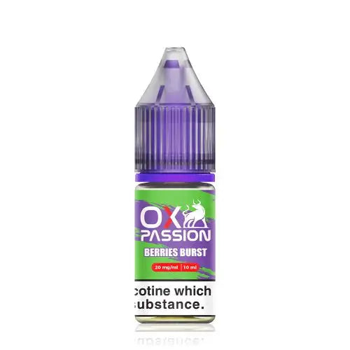 A bottle of OXVA Ox Passion Nic Salt E-Liquid with a purple cap, labeled Berries Burst flavor, 10mg/20mg nicotine strength, and 10ml volume.