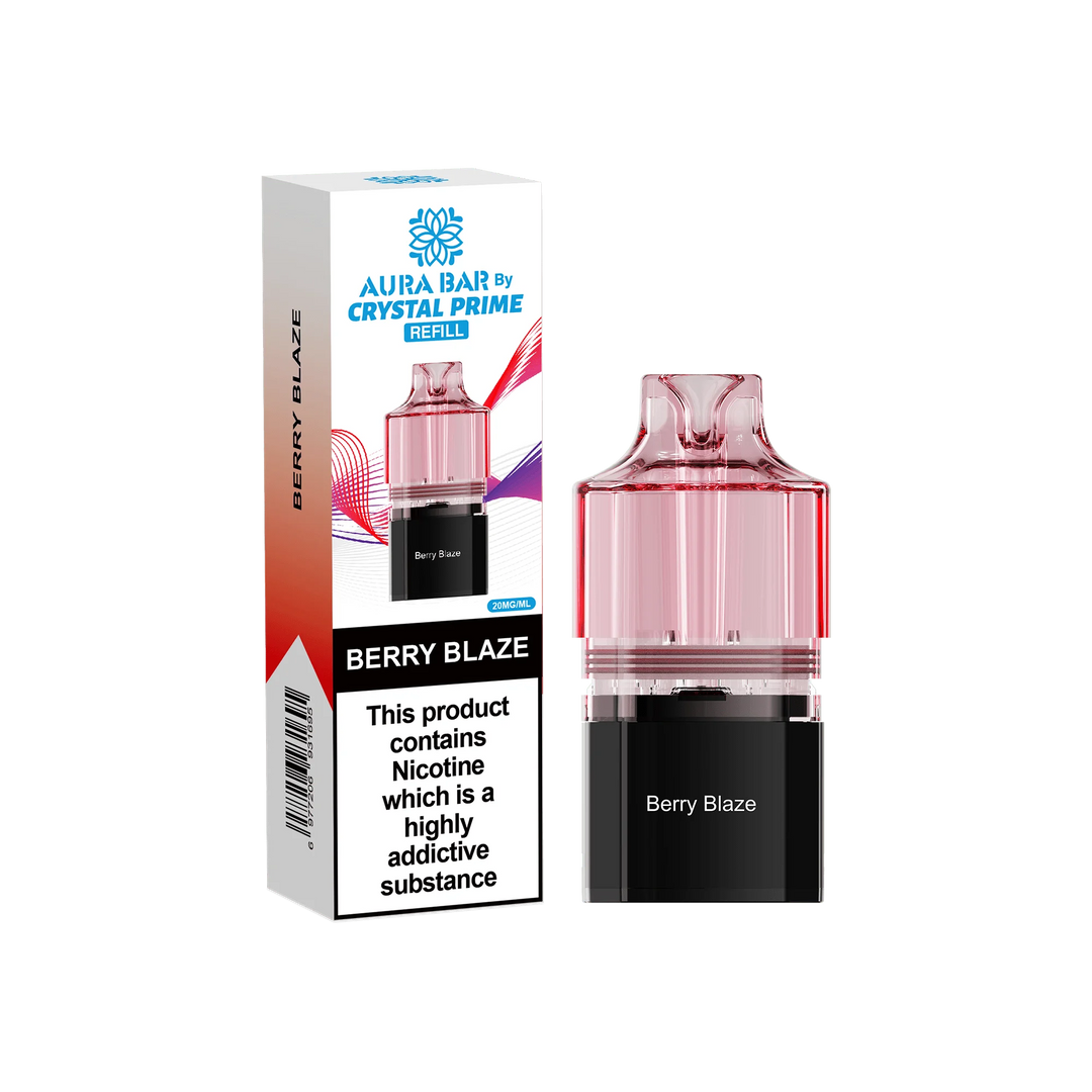Berry Blaze Aura Bar Crystal Prime 10K Replacement Pods – long-lasting prefilled vape pods with rich flavours and smooth performance