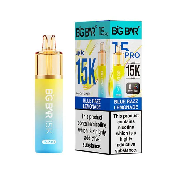Big Bar 15K Pro Blue Razz Lemonade pod kit with 15000 puffs, mesh coil, nic salt pods and rechargeable vape device