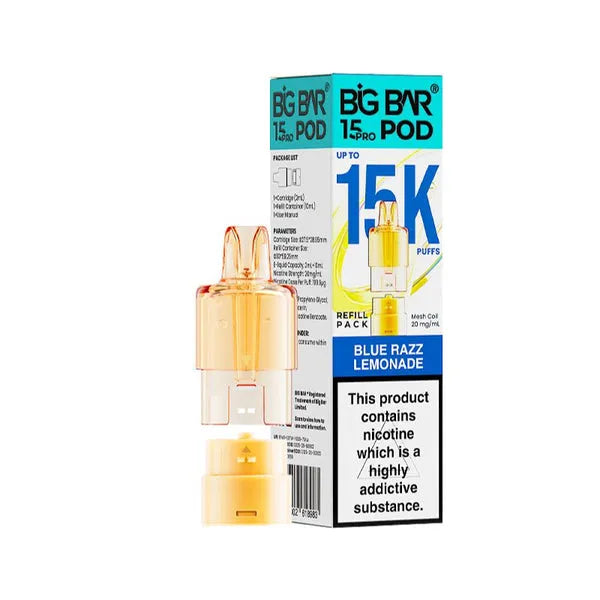 Big Bar 15K Pro Blue Razz Lemonade prefilled pods with 15000 puffs, nic salt e-liquid, mesh coil and refill container