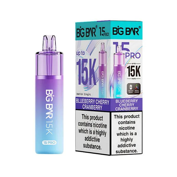 Big Bar 15K Pro Blueberry Cherry Cranberry pod kit with 15000 puffs, mesh coil, nic salt pods and rechargeable vape device
