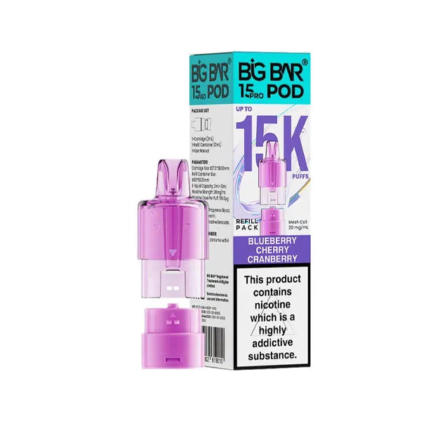 Big Bar 15K Pro Blueberry Cherry Cranberry prefilled pods with 15000 puffs, nic salt e-liquid, mesh coil and refill container