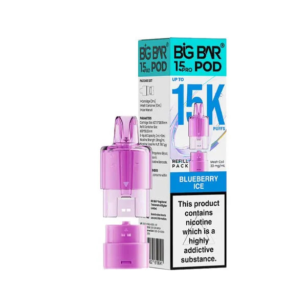 Big Bar 15K Pro Blueberry Ice prefilled pods with 15000 puffs, nic salt e-liquid, mesh coil and refill container