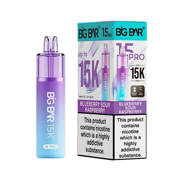 Big Bar 15K Pro Blueberry Sour Raspberry pod kit with 15000 puffs, mesh coil, nic salt pods and rechargeable vape device