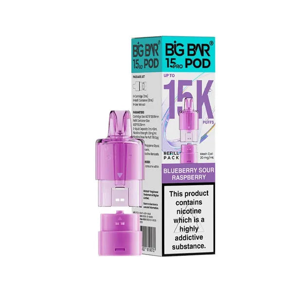 Big Bar 15K Pro Blueberry Sour Raspberry prefilled pods with 15000 puffs, nic salt e-liquid, mesh coil and refill container