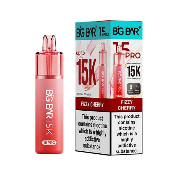 Big Bar 15K Pro Fizzy Cherry pod kit with 15000 puffs, mesh coil, nic salt pods and rechargeable vape device