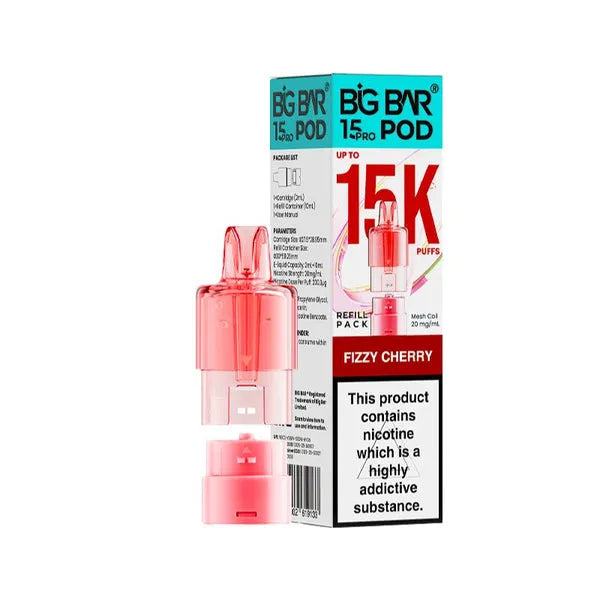 Big Bar 15K Pro Fizzy Cherry prefilled pods with 15000 puffs, nic salt e-liquid, mesh coil and refill container