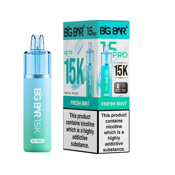 Big Bar 15K Pro Fresh Mint pod kit with 15000 puffs, mesh coil, nic salt pods and rechargeable vape device