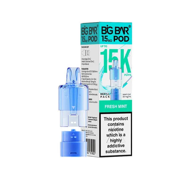Big Bar 15K Pro Fresh Mint prefilled pods with 15000 puffs, nic salt e-liquid, mesh coil and refill container
