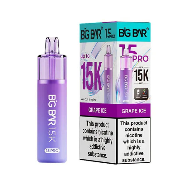 Big Bar 15K Pro Grape Ice pod kit with 15000 puffs, mesh coil, nic salt pods and rechargeable vape device