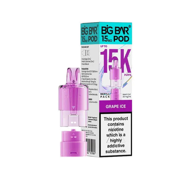Big Bar 15K Pro Grape Ice prefilled pods with 15000 puffs, nic salt e-liquid, mesh coil and refill container