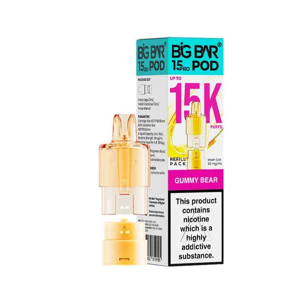 Big Bar 15K Pro Gummy Bear prefilled pods with 15000 puffs, nic salt e-liquid, mesh coil and refill container