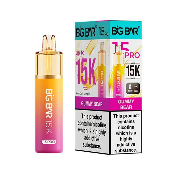 Big Bar 15K Pro Gummy Bear pod kit with 15000 puffs, mesh coil, nic salt pods and rechargeable vape device