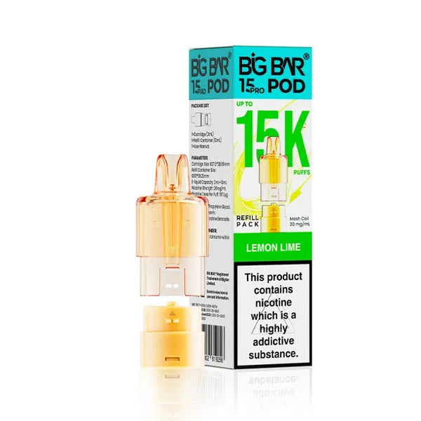 Big Bar 15K Pro Lemon Lime prefilled pods with 15000 puffs, nic salt e-liquid, mesh coil and refill container