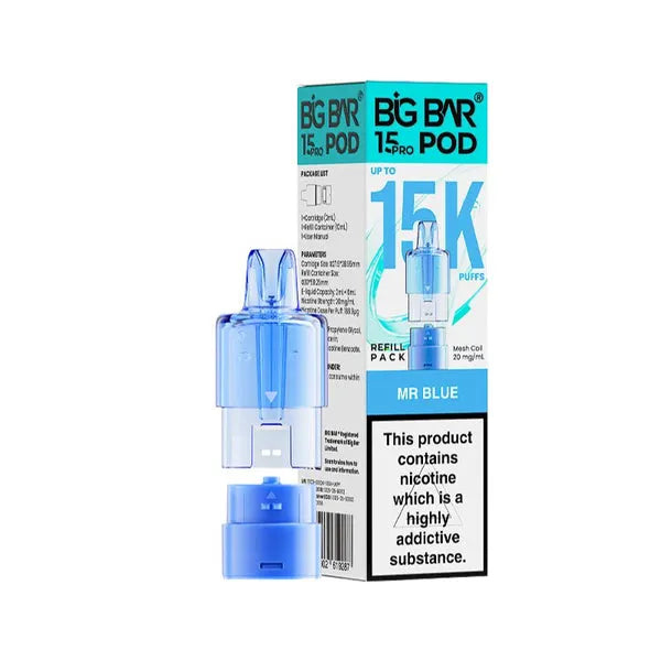 Big Bar 15K Pro Mr Blue prefilled pods with 15000 puffs, nic salt e-liquid, mesh coil and refill container