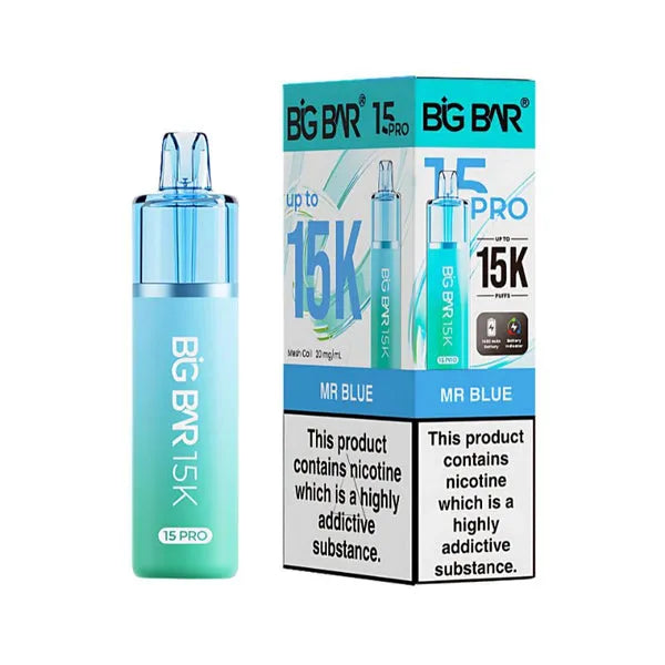 Big Bar 15K Pro Mr Blue pod kit with 15000 puffs, mesh coil, nic salt pods and rechargeable vape device
