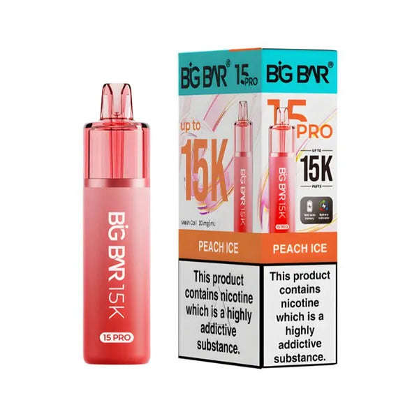 Big Bar 15K Pro Peach Ice pod kit with 15000 puffs, mesh coil, nic salt pods and rechargeable vape device