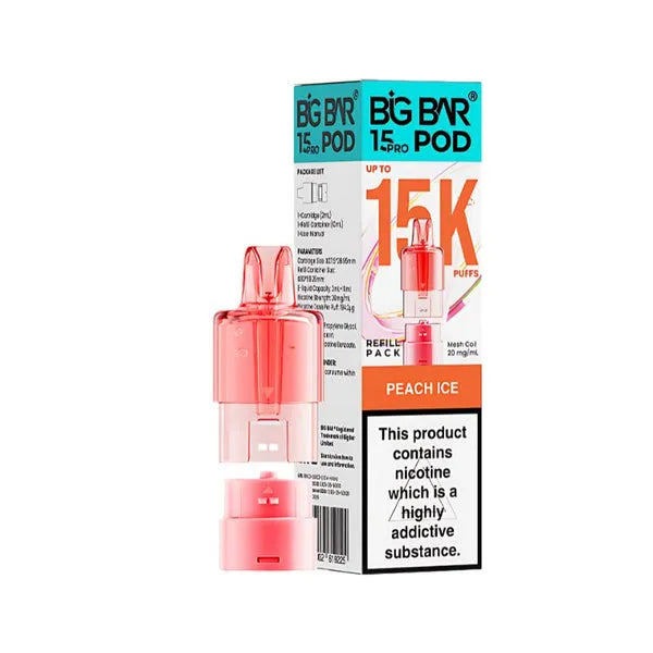 Big Bar 15K Pro Peach Ice prefilled pods with 15000 puffs, nic salt e-liquid, mesh coil and refill container