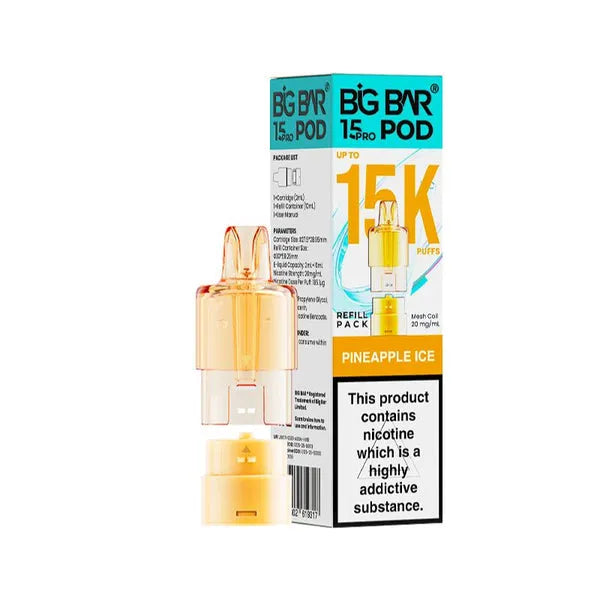 Big Bar 15K Pro Pineapple Ice prefilled pods with 15000 puffs, nic salt e-liquid, mesh coil and refill container