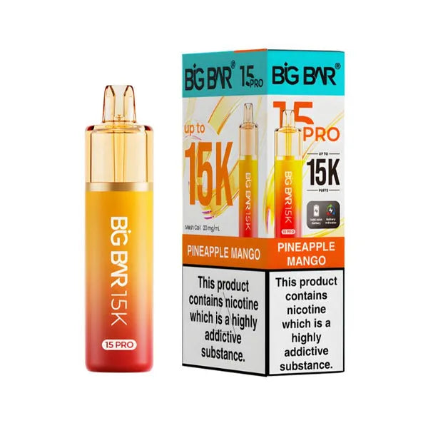Big Bar 15K Pro Pineapple Mango pod kit with 15000 puffs, mesh coil, nic salt pods and rechargeable vape device