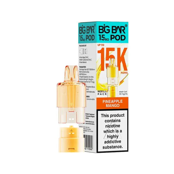 Big Bar 15K Pro Pineapple Mango prefilled pods with 15000 puffs, nic salt e-liquid, mesh coil and refill container