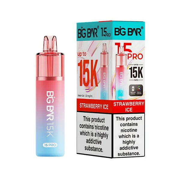 Big Bar 15K Pro Strawberry Ice pod kit with 15000 puffs, mesh coil, nic salt pods and rechargeable vape device