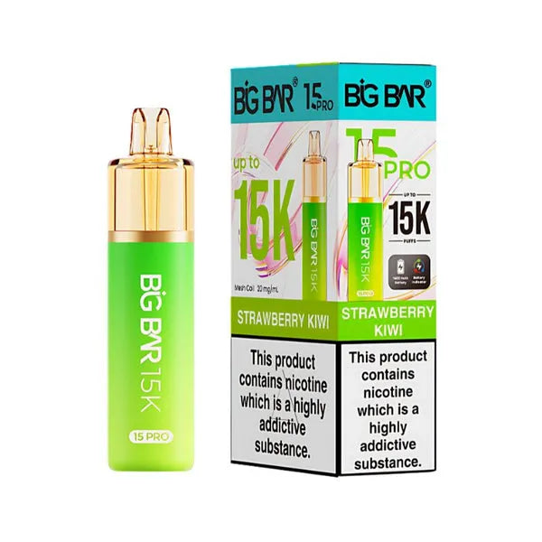Big Bar 15K Pro Strawberry Kiwi pod kit with 15000 puffs, mesh coil, nic salt pods and rechargeable vape device