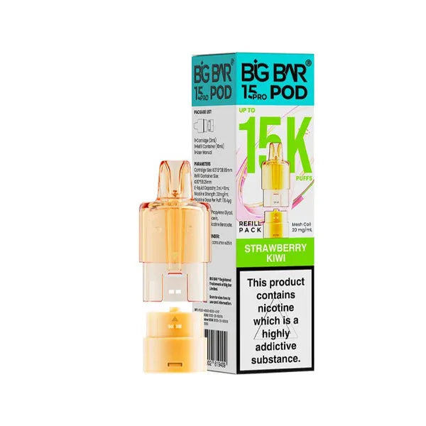 Big Bar 15K Pro Strawberry Kiwi prefilled pods with 15000 puffs, nic salt e-liquid, mesh coil and refill container