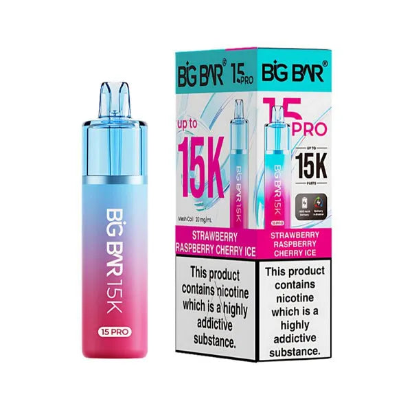Big Bar 15K Pro Strawberry Raspberry Cherry Ice pod kit with 15000 puffs, mesh coil, nic salt pods and rechargeable vape device