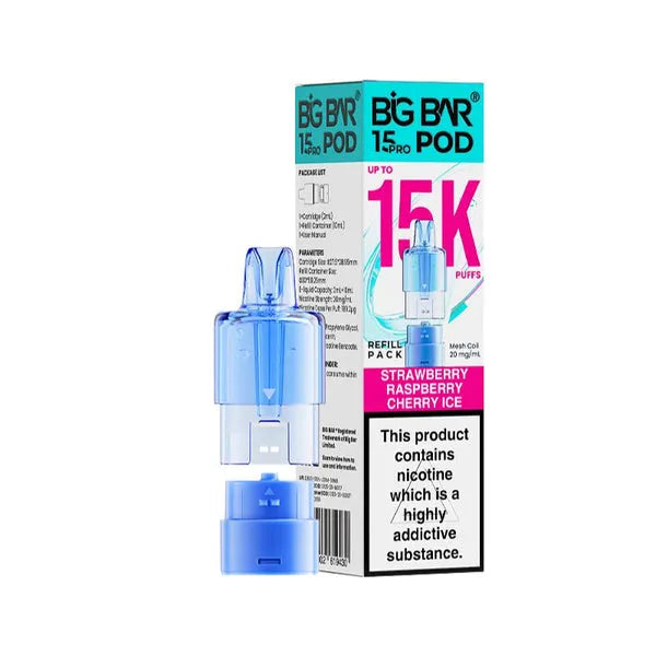 Big Bar 15K Pro Strawberry Raspberry Cherry Ice prefilled pods with 15000 puffs, nic salt e-liquid, mesh coil and refill container